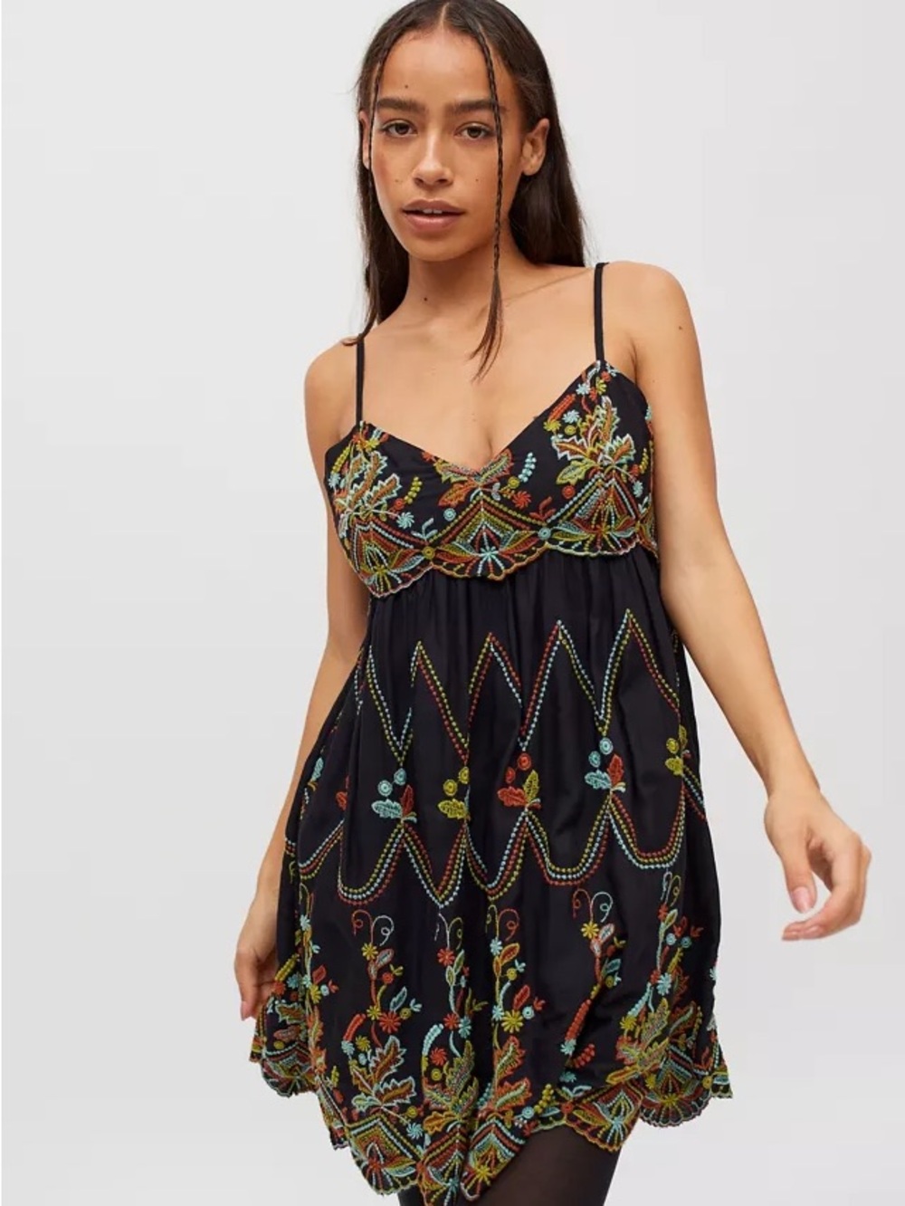 Urban Outfitters Black Embroidered Boho Spaghetti-Strap Mini Dress